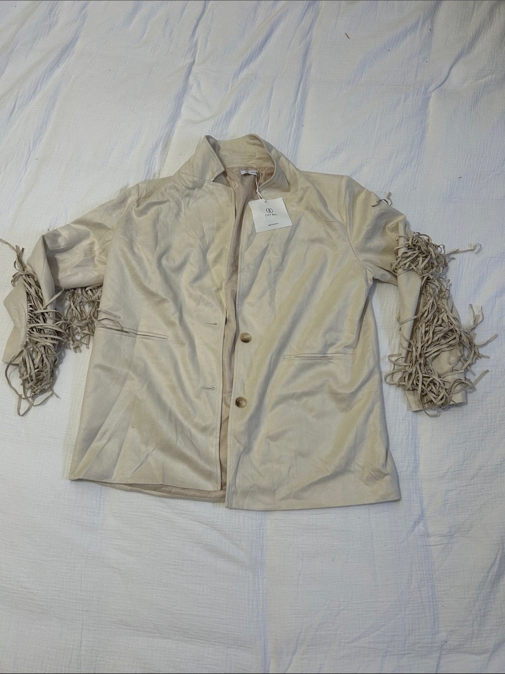 Fringe-Sleeve Cream Blazer by Unknown Brand